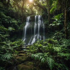 A dense jungle with a cascading waterfall hidden among the trees.