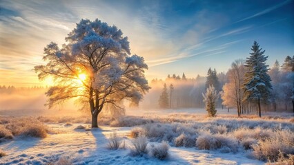 Frost-covered trees along road in winter forest at foggy sunrise, winter, forest, road, trees, frost, foggy, sunrise, cold