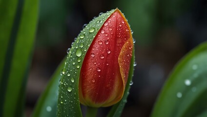 Tulip leaf with raindrops lined up after rain.