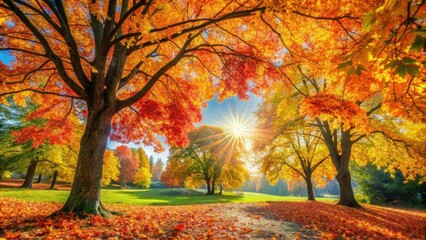 Obraz premium Autumn scene with vibrant colored leaves on trees under sunlight , Fall, foliage, nature, seasonal, beauty, serene, tranquil