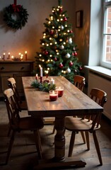 Obraz premium light wooden table christmas decor, cozy dining room