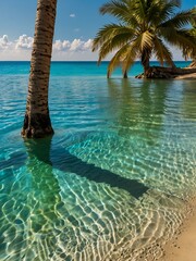 Turquoise water, palm trees, sunny sky.