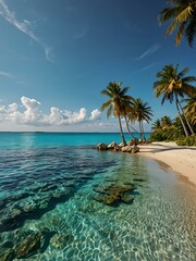 Obraz premium Turquoise water, palm trees, sunny sky.