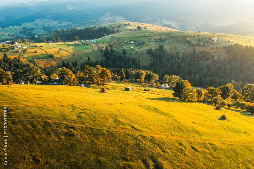 Poster a splendid rustic scene with green rolling hills and distant huts illuminated by sunlight. carpathia