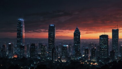 Obraz premium Twilight city skyline with glowing skyscraper.