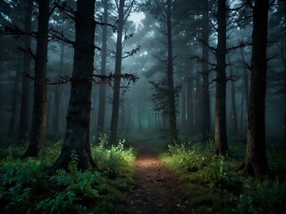 Fototapeta premium Twilight forest with magical, foggy moonlit glow.