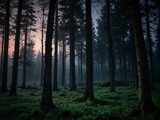 Obraz premium Twilight moonlit forest in an ancient serene setting.