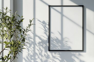 A minimalist scene featuring a blank frame on a wall, complemented by a leafy plant and shadows creating a serene atmosphere.