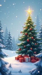 Obraz premium A beautifully decorated Christmas tree stands majestically in a snowy landscape, adorned with shimmering ornaments and a glowing star atop. Surrounding the tree, a collection of colorful presents adds