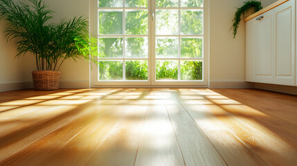 Fototapeta premium A low angle shot of a modern kitchen with light streaming through a large window onto a hardwood floor. The floor is a warm brown and the light creates a pattern of stripes on the floor.