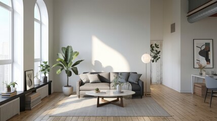 Fototapeta premium Stylish Modern Living Room with Bright Natural Light. Explore this spacious, contemporary living room featuring elegant decor, large windows, and a cozy atmosphere.