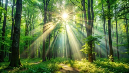 Fototapeta premium Sun rays filtering through lush green forest trees , sunlight, forest, rays, nature, green, trees, beauty, landscape, peaceful
