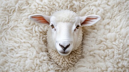 Naklejka premium Closeup of White Wool Sheep on Panoramic Background