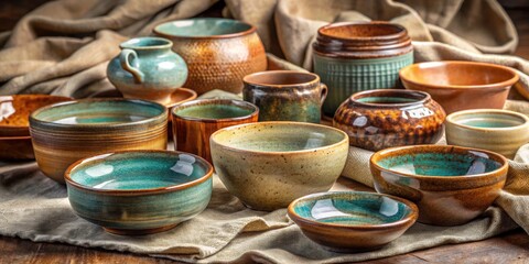 Handmade stoneware ceramics in various glazes and decorations on a soft cloth background , ceramics, stoneware, handmade