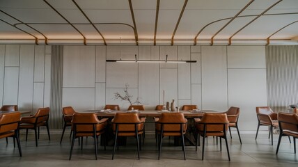Fototapeta premium Elegant Modern Dining Room Design with Stylish Chairs. Discover an exquisite dining space featuring a sleek table, elegant chairs, and contemporary decor that blends sophistication and comfo...