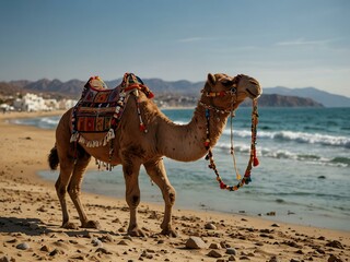 Two camels decorated with traditional Berber attire on a Mediterranean beach.
