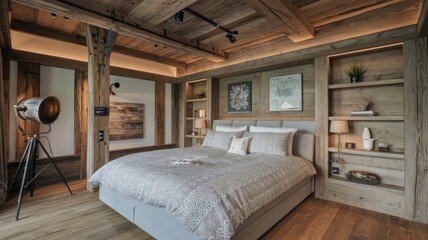 Naklejka premium Cozy Rustic Bedroom with Warm Wooden Accents and Stylish Decor. Explore this inviting rustic bedroom featuring wooden beams, elegant bedding, and tasteful decor for a serene getaway.