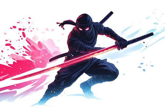A dynamic ninja character wielding a glowing sword, set against a colorful splash background.