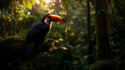 Fototapeta premium A Toucan in the Amazon Rainforest at Sunrise