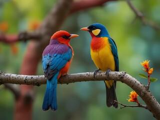 Fototapeta premium Two colorful birds perched on branches in a vibrant setting.