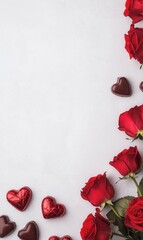 A romantic arrangement of red roses and chocolate hearts on a light background, perfect for Valentine's Day or special occasions.