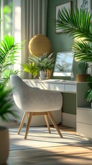 Fototapeta premium A bright modern office filled with greenery and cutting-edge technology, perfect for a productive advertising media and a relaxed working environment, creating a sense of calm and inspiration.