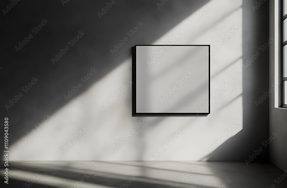 Poster a minimalist room features a blank frame on the wall, illuminated by natural light through a window,