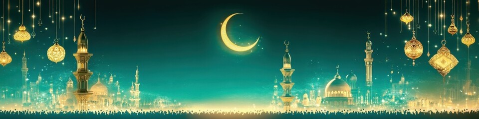 Fototapeta premium Majestic Night Scene of Mosques and Crescent Moon under Starlit Sky: A Festive Islamic Celebration