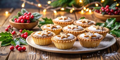 Delicious Christmas mince pies on a festive table , holiday, bakery, dessert, traditional, sweet, seasonal, homemade, pastry