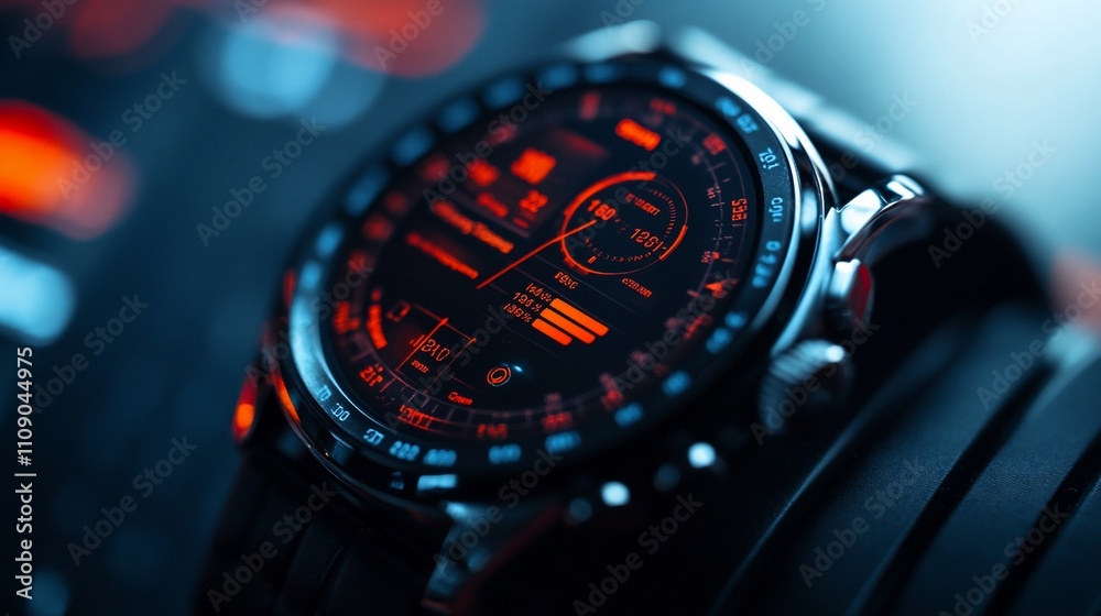Poster Close-up of a modern smartwatch with a digital display showing various metrics.