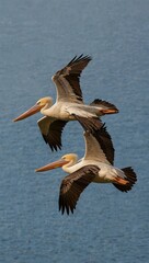 Two pelican birds in flight.