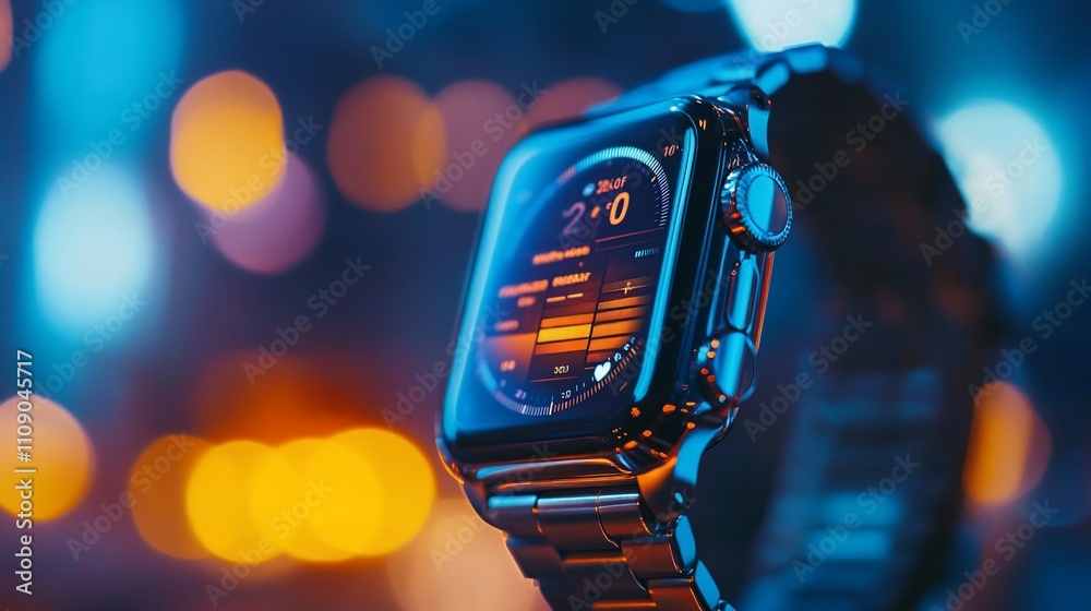 Poster Smartwatch with music app displayed, bokeh background.