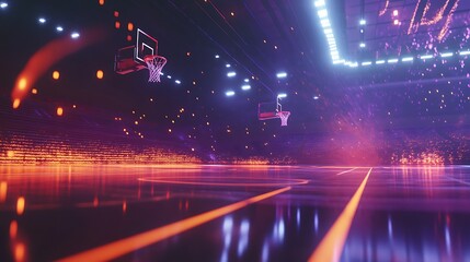 Neon-lit basketball court at night.  Ready for the game!