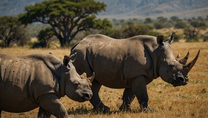 Fototapeta premium Two rhinos grazing in South Africa.