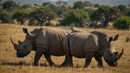 Obraz premium Two rhinos grazing in South Africa.