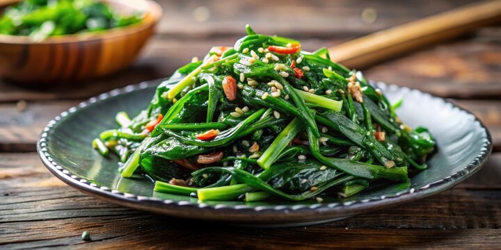 Close-up of Chwinamul, a traditional Korean seasonal side dish made with spring greens, Chwinamul, spring greens, Korean