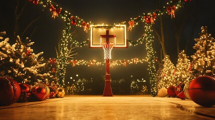 A basketball hoop decorated for Christmas. Festive lights and ornaments create a magical winter scene.