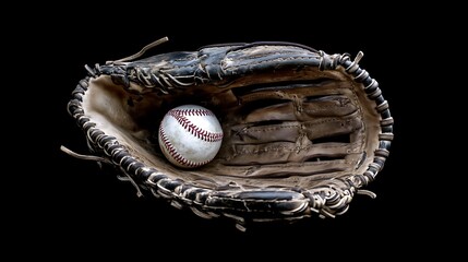Naklejka premium Well-worn baseball glove cradles a ball, ready for the next game.