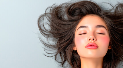 Fototapeta premium Portrait of a beautiful young asian model woman shaking her beautiful hair in motion. Women's hair is vibrant and shining.