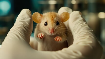 Fototapeta premium Close Up of a Small Mouse in a Gloved Hand