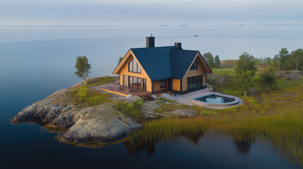 Modern cabin on rocky island surrounded by water