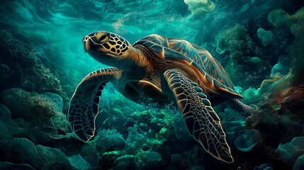 Obraz premium Sea turtle is stuck in plastic garbage in the sea