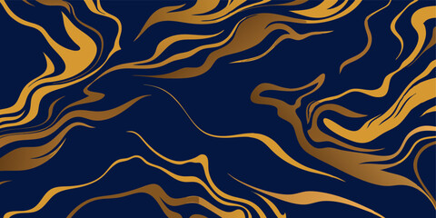 Luxurious golden swirls intertwine and create a mesmerizing marble effect against a rich dark blue backdrop, forming an elegant and abstract design