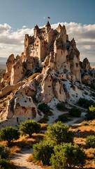 Naklejka premium Uchisar Castle in Cappadocia, Turkey, perched on a hill.