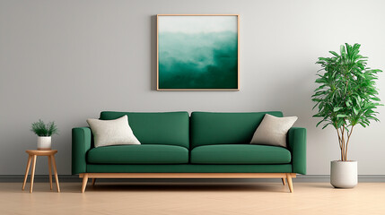 Scandinavian, farmhouse, country interior design of modern living room featuring a deep green sofa, abstract painting, soft lighting, and a natural woven pouf against concrete wall.