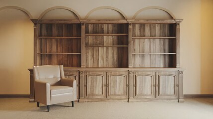 Fototapeta premium Elegant Wooden Bookshelf with Armchair in Stylish Room. Discover a sophisticated wooden bookshelf paired with a modern armchair, creating a perfect corner for relaxation and organization.