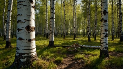Under a birch tree in a forest.