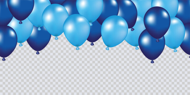 Isolated seamless balloon border on transparent background. Realistic vector banner of 3D festive helium balloons in sky blue and dark blue perfect for anniversary and birthday party design.