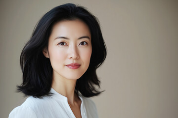 Fototapeta premium Portrait of an elegant woman with soft, natural beauty, smooth skin, and calm confidence, wearing a white blouse on a neutral background