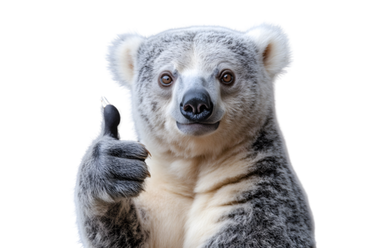 Koala Thumbs Up: A close-up portrait of a koala giving a playful thumbs up, radiating positivity and good vibes. Perfect for showcasing approval, encouragement, or a lighthearted, friendly approach. 